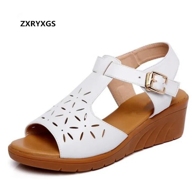 

Comfortable Hollow Cow Leather Shoes Women Sandals 2019 Summer New Soft Breathable Women Shoes Non-slip Platform Wedges Sandals