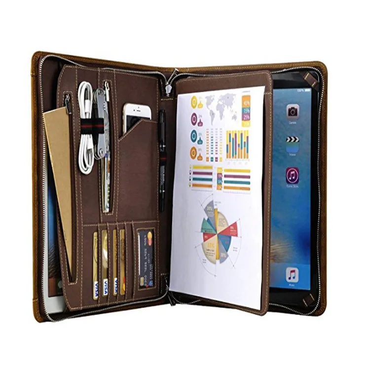 

Business Leather IPad Leather Case Crazy Horse Leather Zipper Multifunction Manager Clip Notebook Tablet Bag leather portfolio