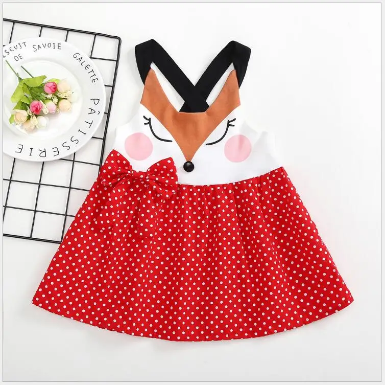 

Cartoon fox dress for girl summer beach dress for carnival party costume for little girls toddler white polka-dot dress