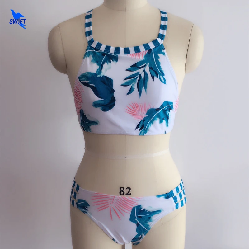 

Sexy Floral Printed Bikini Set String Halter Crop Top High Neck Swimwear Push Up Women Swimsuit 2018 Summer Beach Bathing Suit