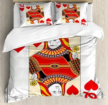 

Queen Duvet Cover Set , Queen of Hearts Playing Card Casino Design Gambling Game Poker Blackjack, 4 Piece Bedding Set