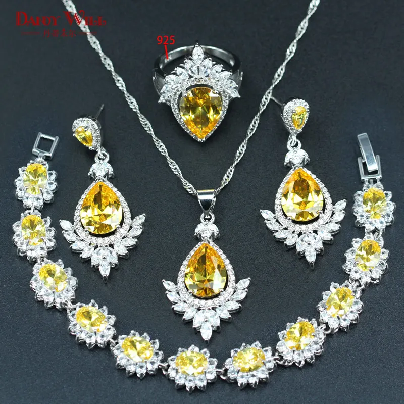

DANDY WILL Female Yellow Zircon Wedding Jewelry Silver 925 Stamp Color Necklace/Earrings/Ring/Bracelet Women Jewelry Set
