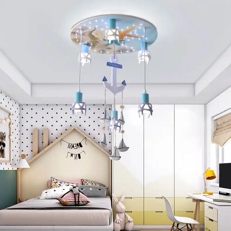 Modern Wood Ship Anchor Ceiling Light For Nursery Boy Children Bedroom Girl Baby Room Creative Led Cartoon Lighting Fixture E27