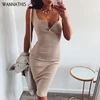 WannaThis Knee-Length Dress Knitted Elastic Sleeveless Bodycon elegant Women 2019 Summer Sexy V-Neck Button Party Slim Dresses