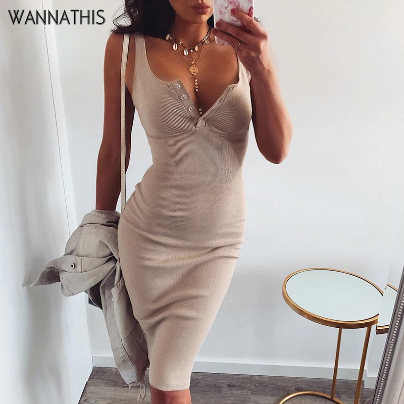 WannaThis до середины икры Длина трикотажные Elstic рукавов Bodycon женщин платья 2019 лето сексуальный v-образным вырезом Кнопка Тонкий Тощий Vestidos