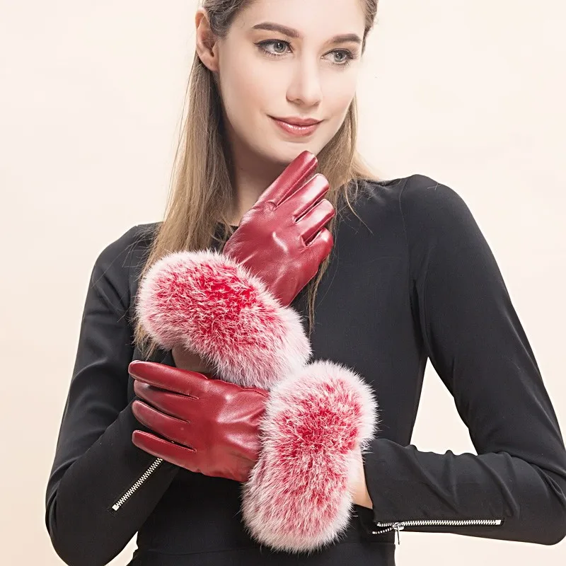 Женская новая партия Показать на осень-зиму прибыл высокого качества модные мягкие кожаные теплые толстые натуральным лисьим мехом Корея перчатки варежки