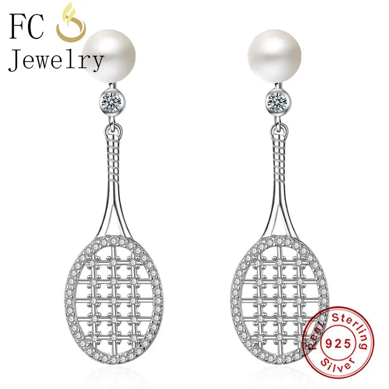 

FC Jewelry 925 Sterling Silver Minimalist Simulated Pearl Badminton Tennis Racket Zirconia Stone Stud Earrings Women Girl Brinco