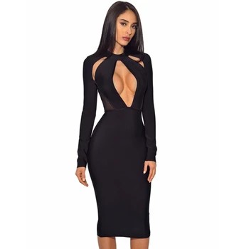 

Elegant 2018 Black Long Sleeve Bandage Dress Summer Hollow Out V Neck Solid Bodycon Sexy Zipper Celebrity Party Dresses Vestidos