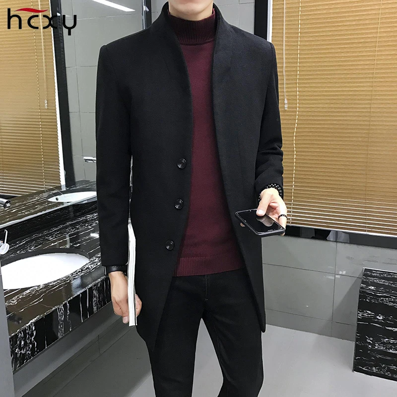 

2017new Men's woolen jacket men Solid color all-match trend coat long windbreaker autumn winter male busines parkas
