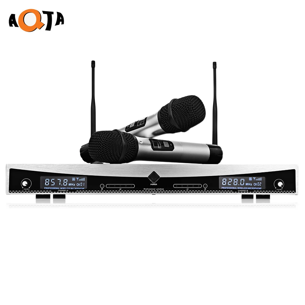 

AQTA AT-2022 Wireless UHF Microphone System Handheld Mic for Home KTV 2 Channels
