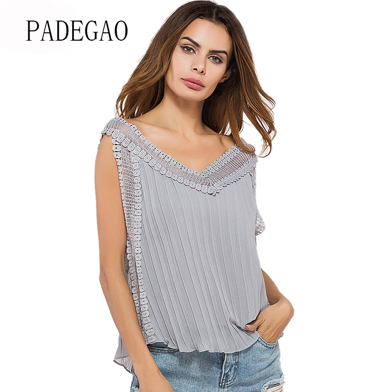 En Ligne Rose Gris Dentelle Patchwork Chemisier En Mousseline Femmes Plissée Shirt Tops Été 2018 Sans Manches Plage Blusas Mince Creux Blouses