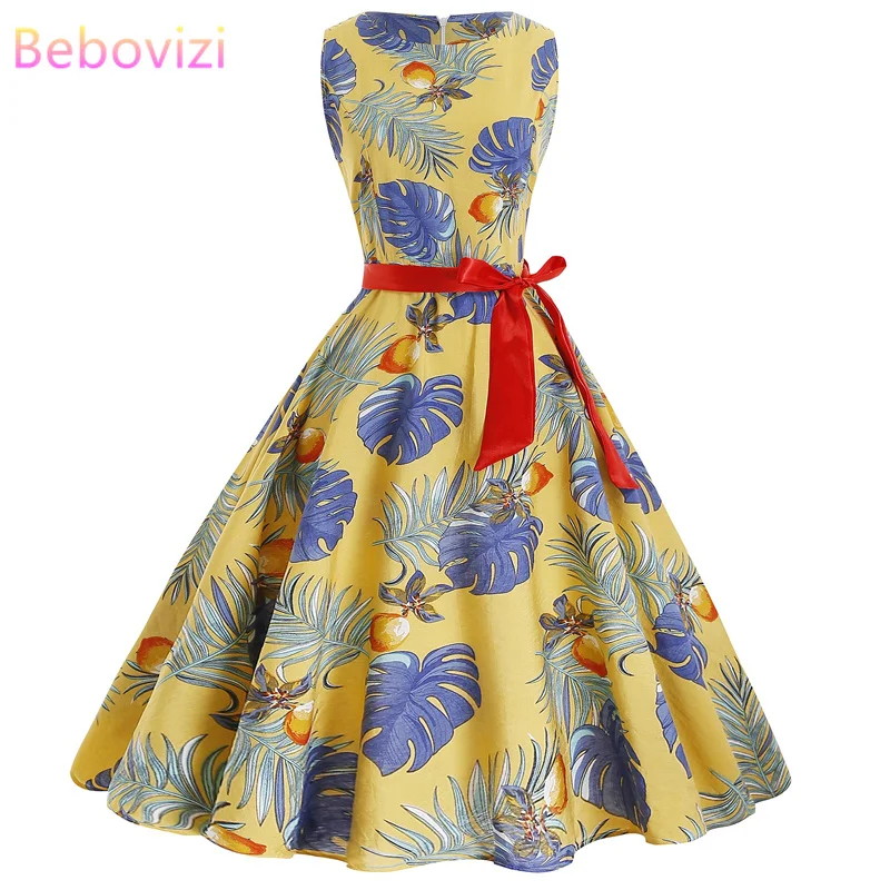 

Bebovizi Women 2019 Summer New Vintage Bandage Dress Plus Size Tank Casual Office Flower Print Elegant Sexy Party Yellow Dresses