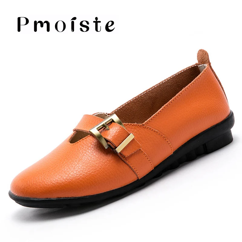 Обувь из натуральной кожи; женские модные модельные лоферы с пряжкой; удобная обувь на плоской подошве для студентов; большие размеры 9-12 - Цвет: Orange