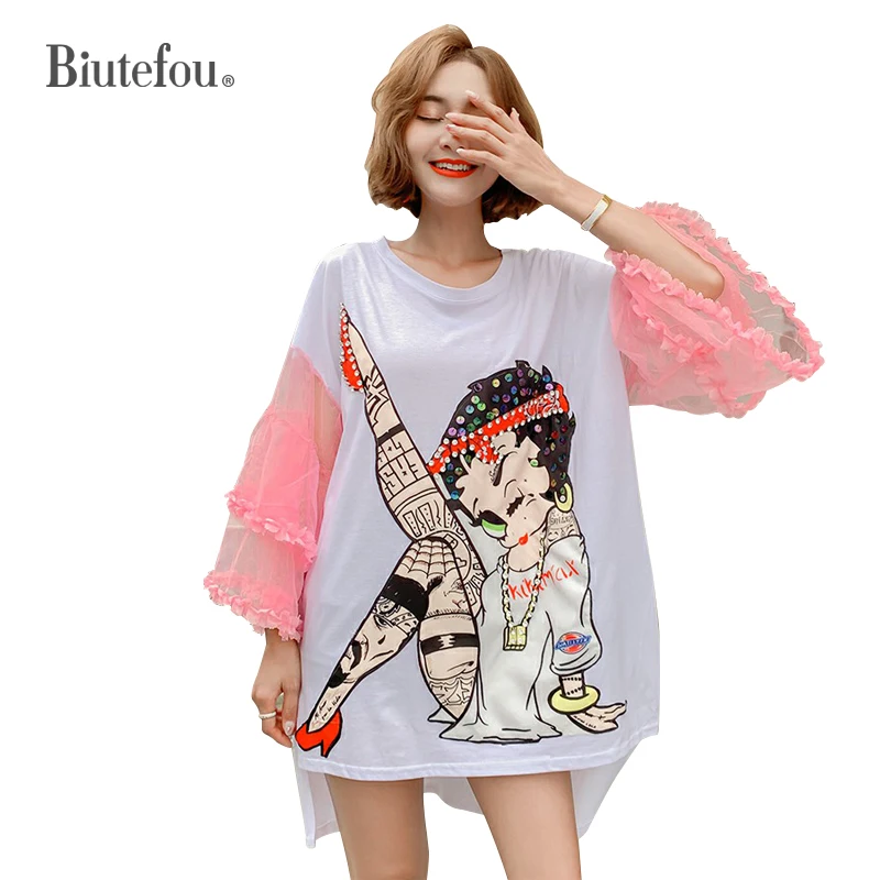 

2019 Summer gauze patchwork t-shirts women sequins loose t-shirts