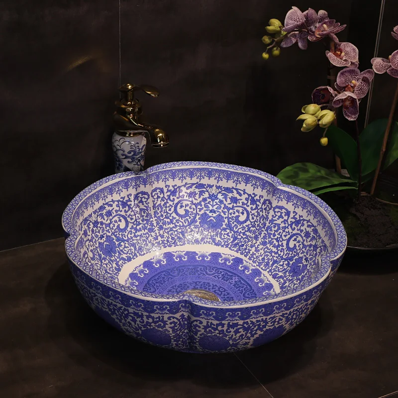 Flower shape blue and white China Ceramic Art Basin Sink Counter Top Wash Basin Bathroom Vessel
