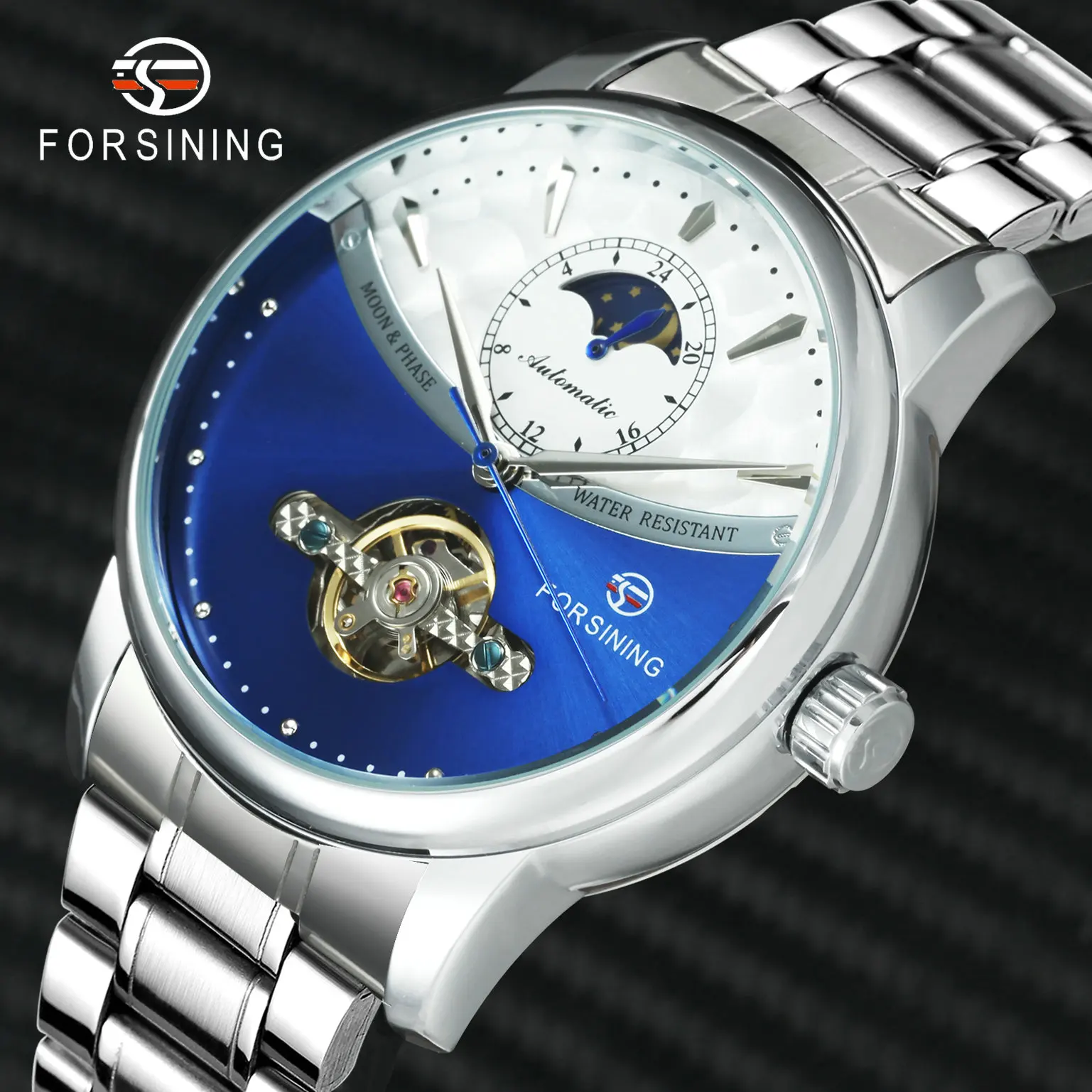 

Fashion Automatic Mechanical Watches Skeleton Tourbillon Luxury Brand Man Watch 2019 Moon Phase Stainless Steel Strap Wristwatch