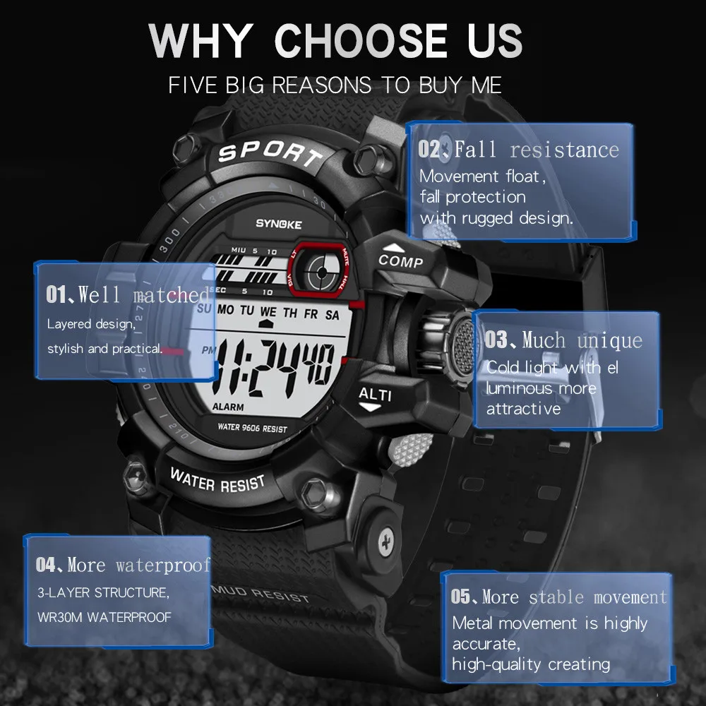 SYNOKE многофункциональные 50 м водонепроницаемые часы мужские спортивные часы многофункциональные военные спортивные светодиодный цифровые часы с двойным механизмом