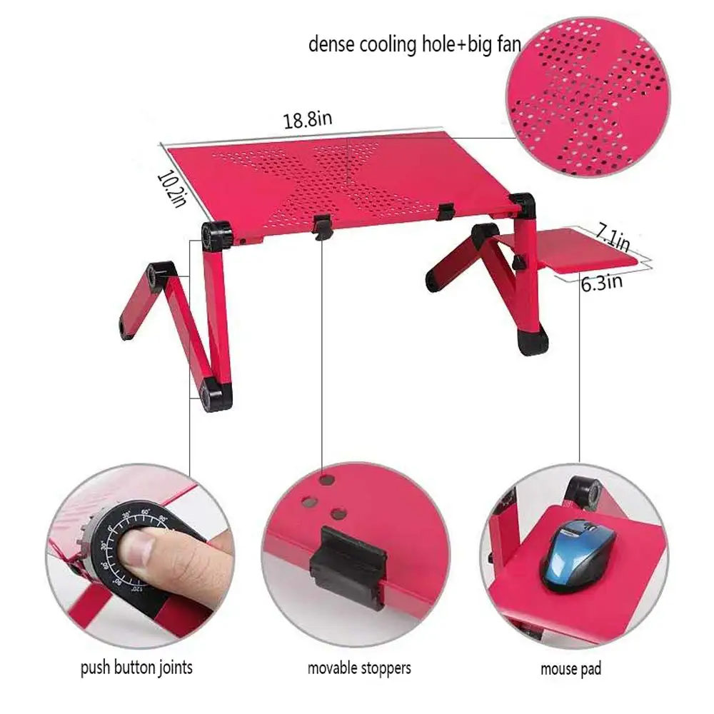 Adjustable Aluminum Laptop Desk Ergonomic Portable TV Bed Lapdesk Tray PC Table Stand Notebook Table Desk Stand With Mouse Pad