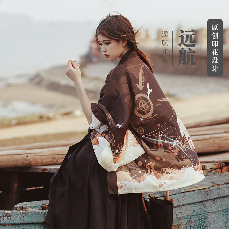 Японский свободный халат винтажный Парусник Voyage коричневый haori летнее