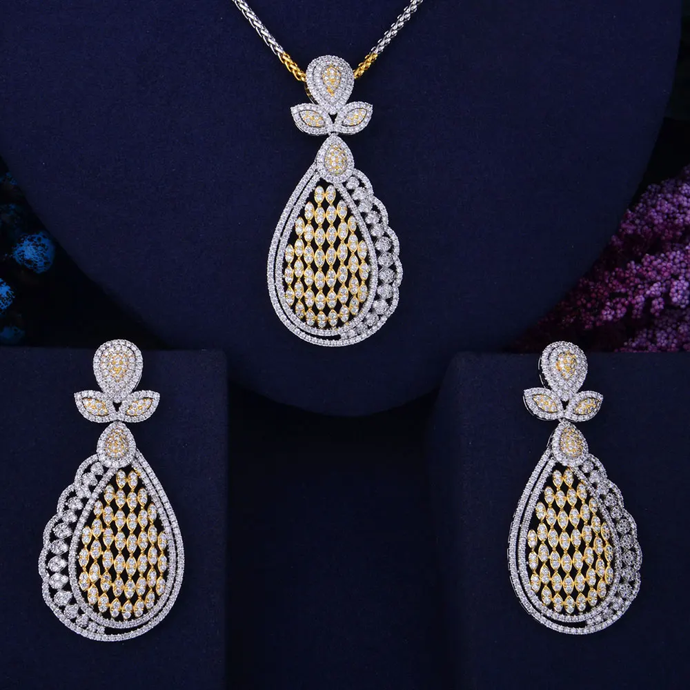 

GODKI Luxury Flower Leaf Luxury 2 Tone Women Wedding Naija Bridal Cubic Zirconia Necklace Earring Dubai Dress Jewelry Set