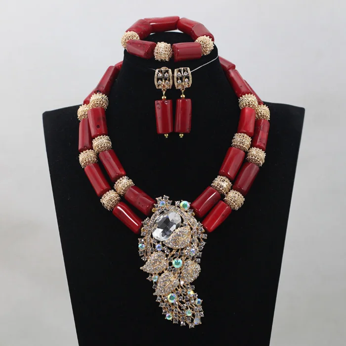 Традиционный Африканский нигерийский Коралл набор бусин для женщин амулеты 2 слоя красные коралловые бусины ожерелье серьги набор ABH505 - Окраска металла: 18