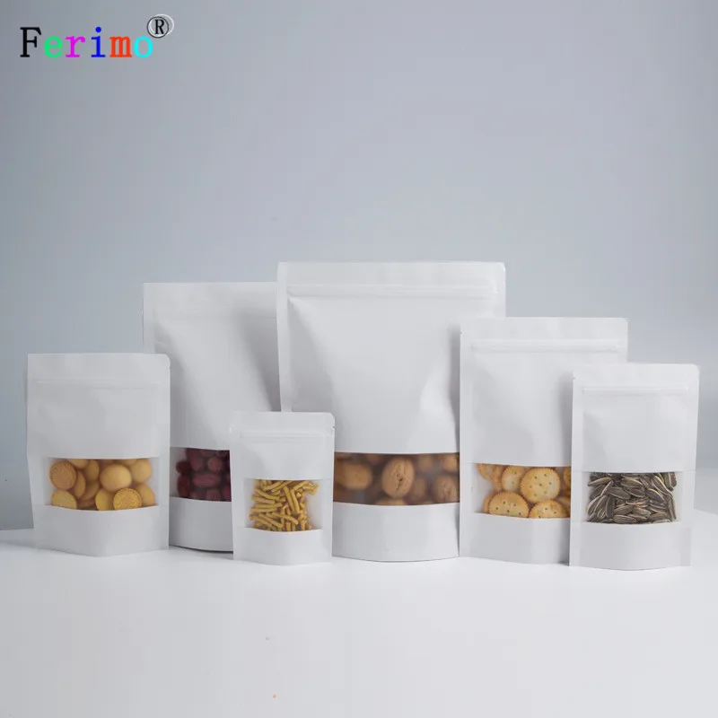 100pcs White Kraft Paper Bag Frosted Window Selfsealing Selfstanding