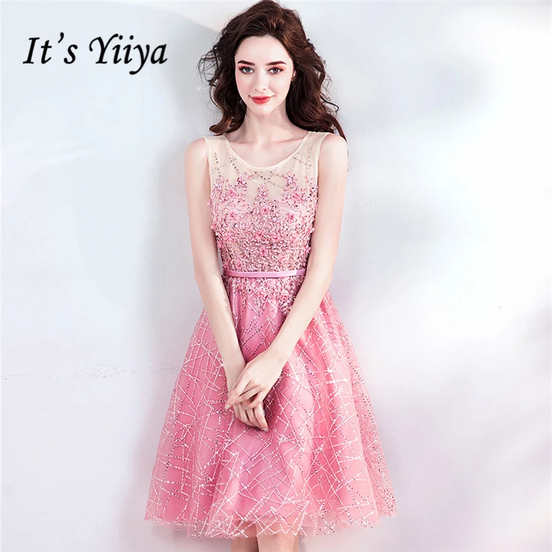It's YiiYa Pink Cocktail Dresses Bling Beading Embroidery A line O neck