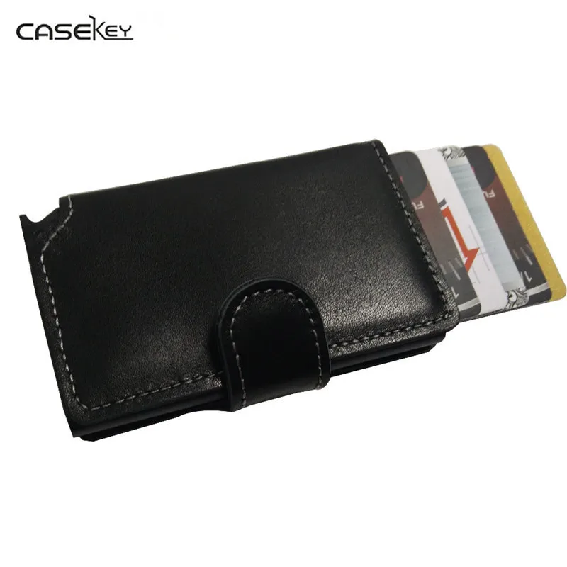 

CaseKey Hot Sale Whosale Price Antitheft Men Leather Card Holder Mini RFID Wallets Automatic Aluminium Wallet Pop Up Card Case