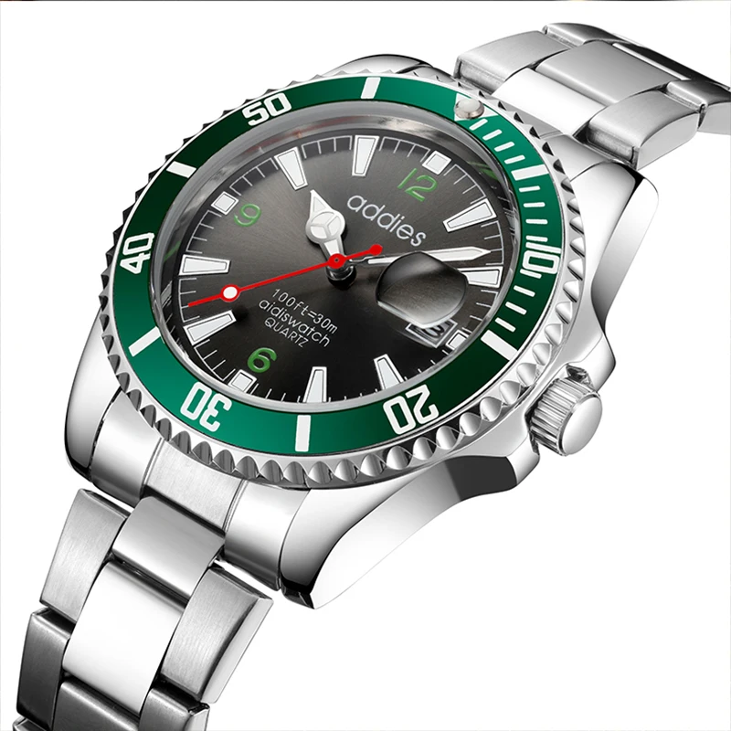 

Addies Top Brand Watch Luxury Quartz WristWatch Green Black Dial GMT Rotatable Bezel Sapphire Glass Stainless steel Band Sport