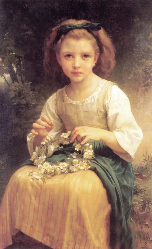 Nice Oil painting Bouguereau - Child braiding a crown Young girl in forest