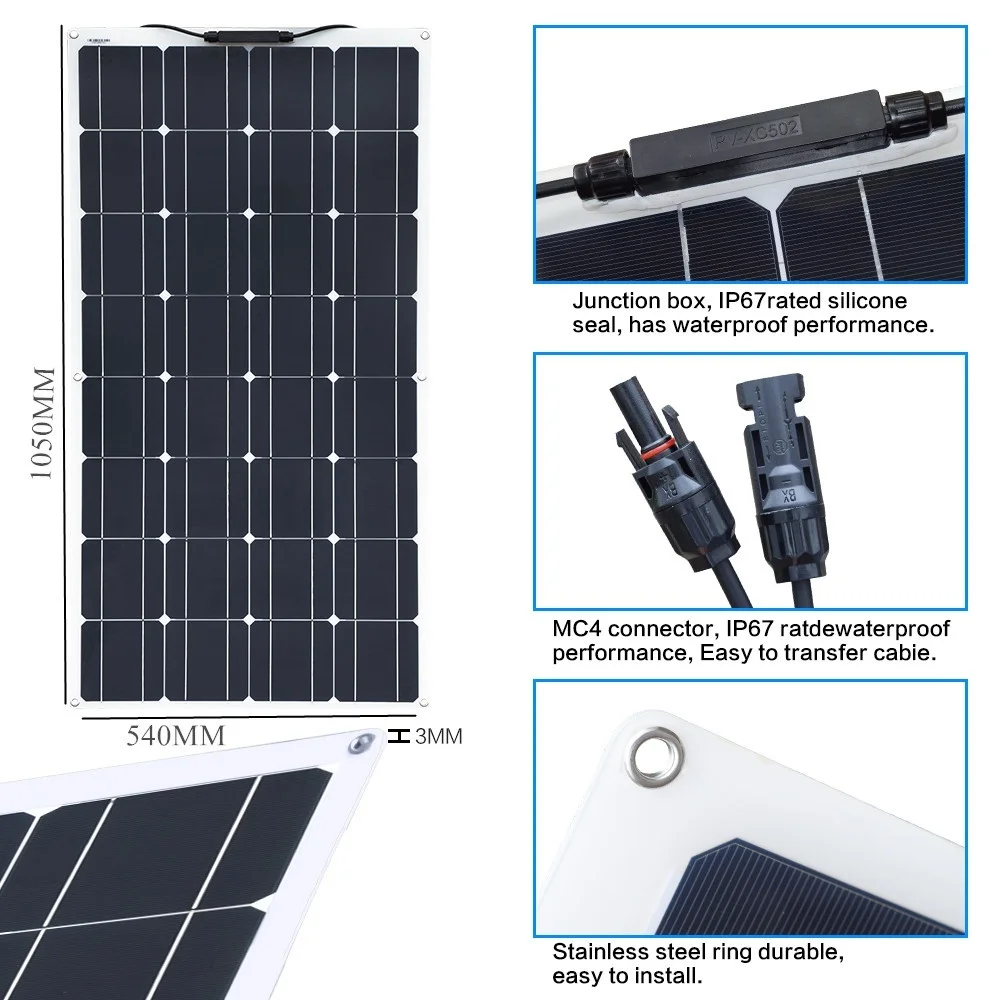 Skup Xinpuguang marka 100 W elastyczny zestaw paneli słonecznych 100 wat dla domu, jachtu, RV, przyczepy kempingowej, kabiny, łodzi i ładowarki 12v