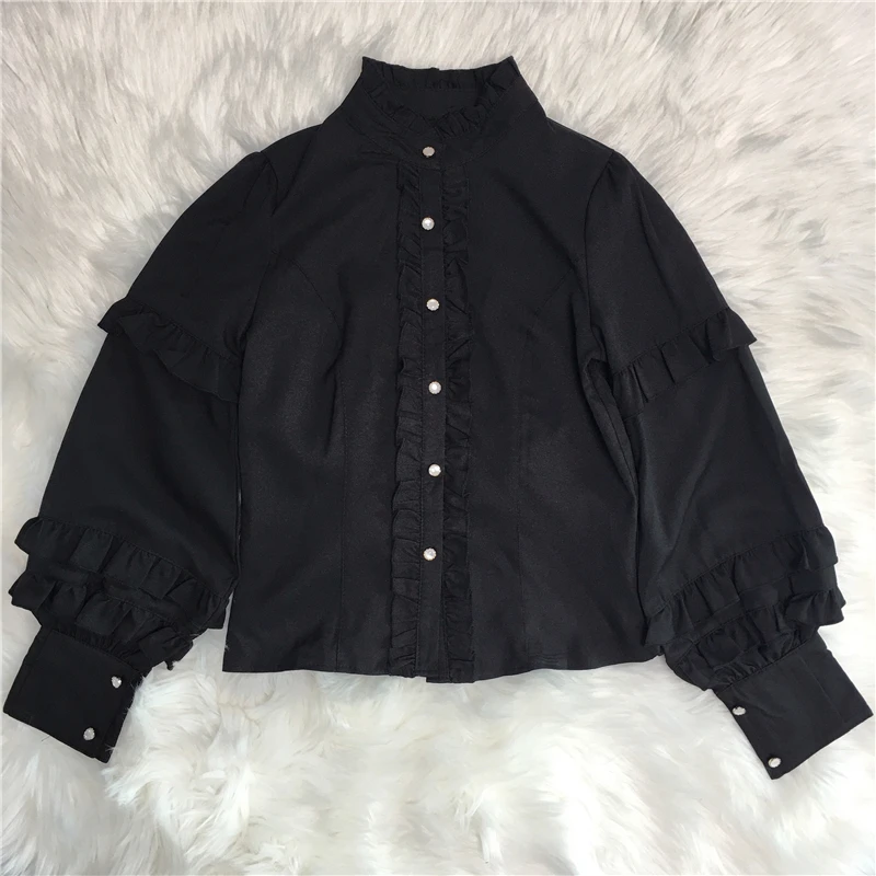 Шифоновая Блузка с оборками в японском стиле для женщин, шифоновая блузка для девочек, джемпер JSK, блузка в стиле Лолиты, милые рубашки черного/белого цвета