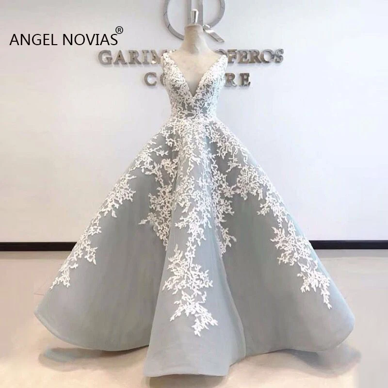 

New Arrival Ball Gown Puffy Grey Abendkleider Backless Arabic Evening Dress 2019 Robe De Soiree Longue 2018 Musulman