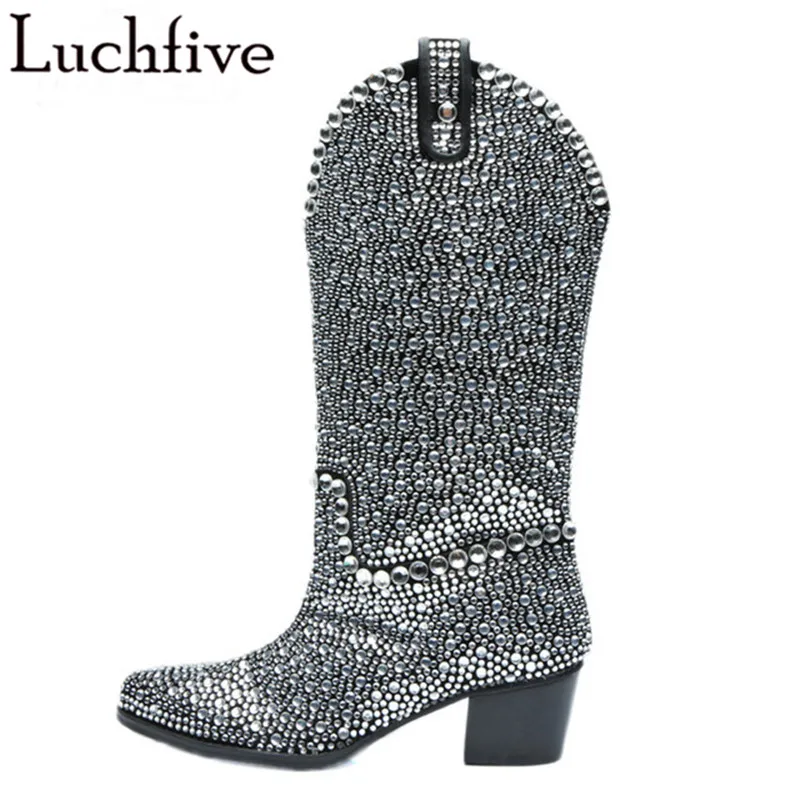 

Newest Luxury Crystal Pointy Toe over the knee Boots high heels shoes women Bling bling Ladies runway Rhinestone long Boots