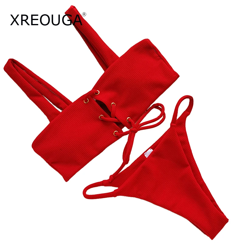 

XREOUGA Cheeky Solid Bikini Bust Hollow Strap Bandeau Front Hole Bandage Bathing Suit Vintage Slash Neck Monokini Ribbed Biquini