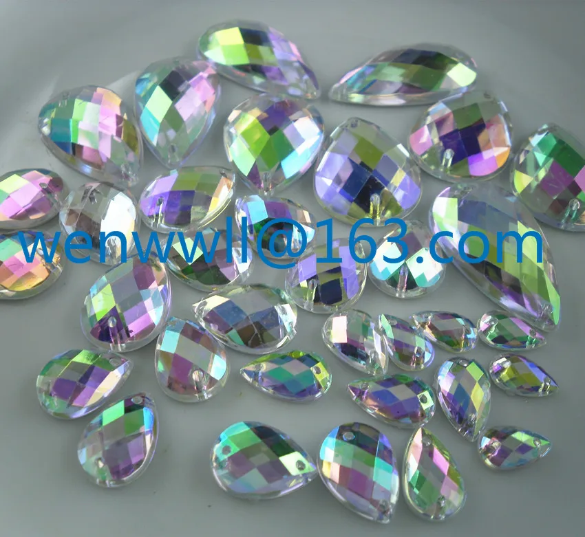 

Diy acrylic crystal water drop shape lots faceted clear AB resin Handmade sew silver flat back rhinestone applique 50pcs MA AB