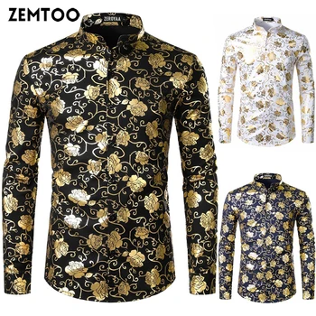 

Nightclub men's printed shirt rose print casual slim shirt