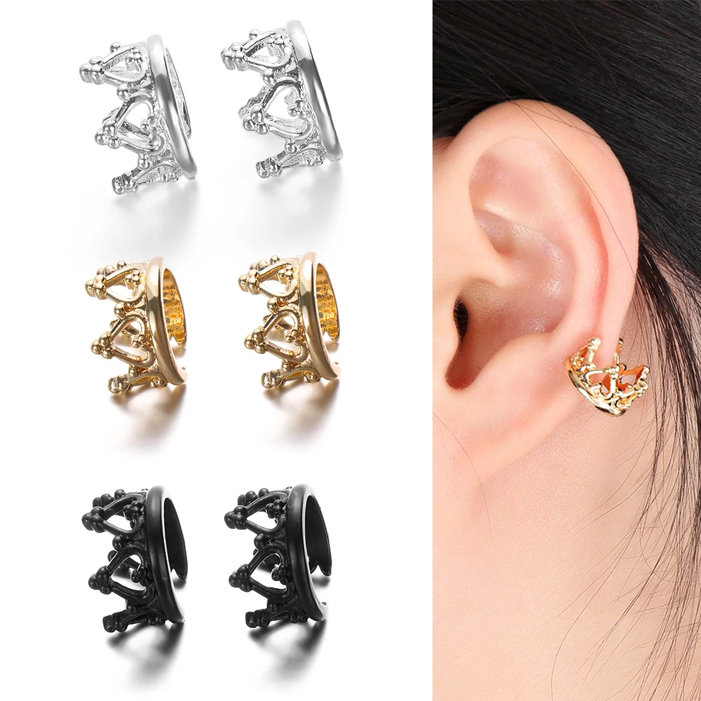 1pair Punk Rock Crystal Crown U-shaped Ear Earrings Fashion Women Clip Cuff Wrap No Piercing-Clip On