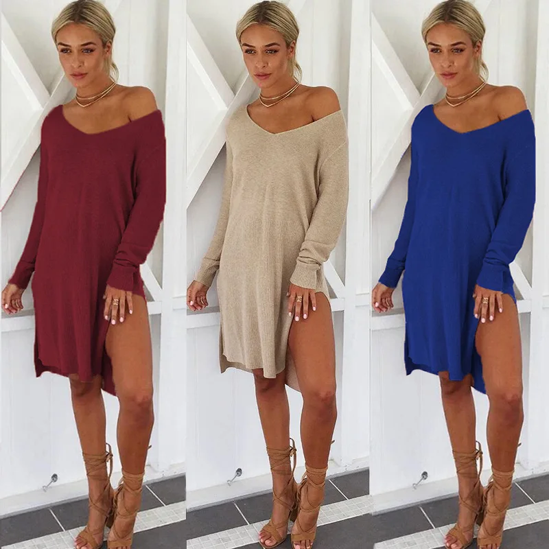 Sweater Dress Women 2018 Winter Casual Loose Splited Sweater Dress Woman Sexy Off Shoulder Knitted Sweater Dresses Long Sleeves Sweater Dress Women 2018 Winter Casual Loose Splited Sweater Dress Woman Sexy Off Shoulder Knitted Sweater Dresses Long Sleeves