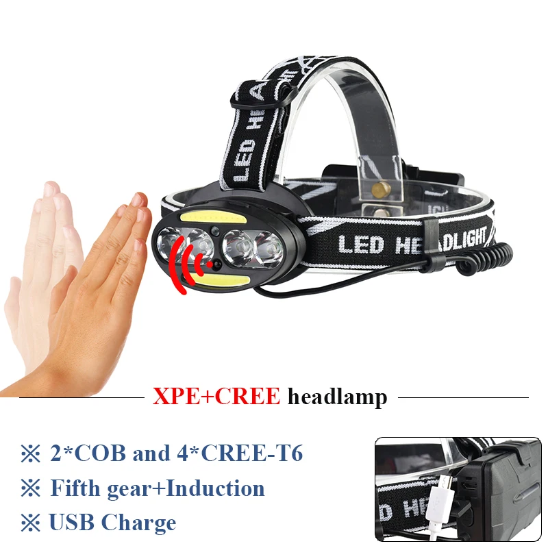

high power led head torch ir sensor headlamp COB xml t6 micro usb led headlight 18650 head lantern camping waterproof head light