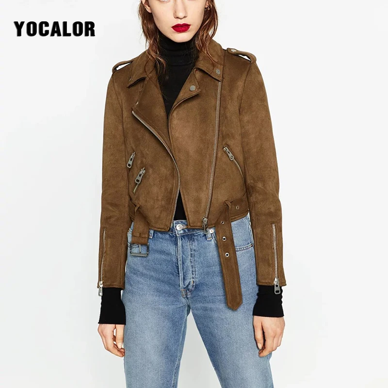 

YOCALOR Vintage Suede Locomotive Woman Coat Basic Jackets For Women Leather Autumn Zipper Military bomber Jacket Shrug Punk Za