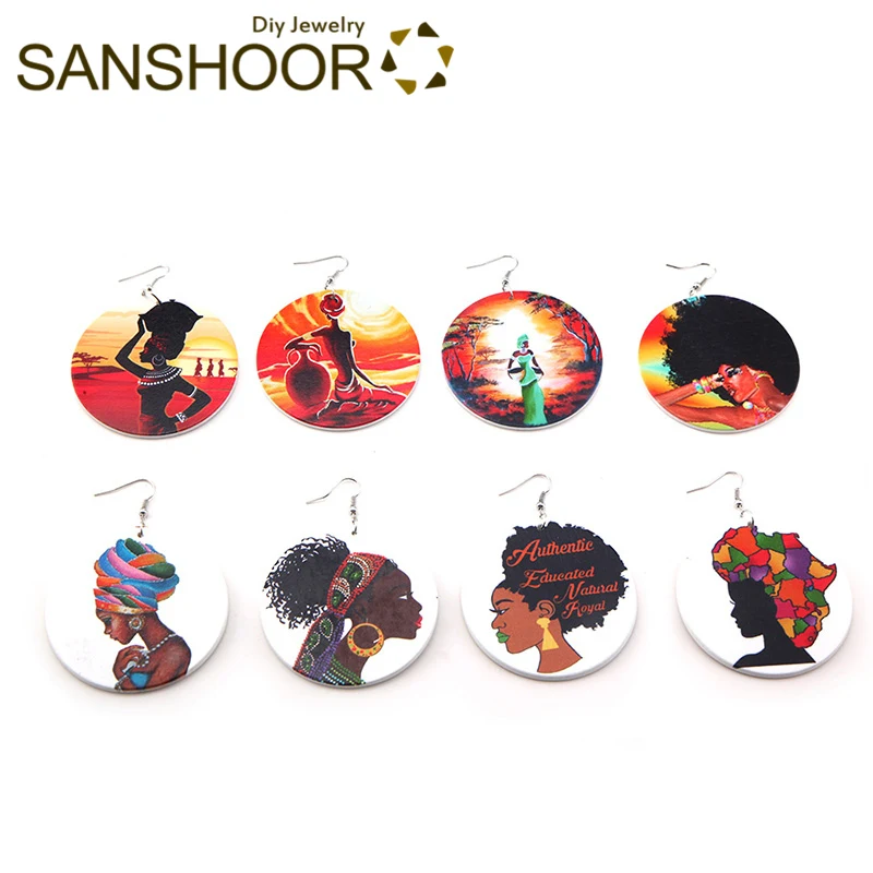 

SANSHOOR Afro Wood Earrings Mix 8 Designs Tribal Women Headwrap Pattern Afrocentric Bohemia Jewelry For Christmas Gifts 8Pairs