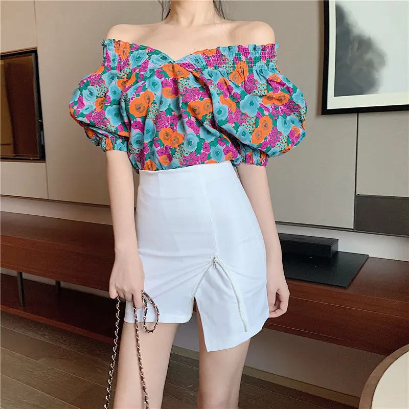 

Alien Kitty Stylish Loose Sweet Vintage 2019 V-Neck Summer Print Floral Elastic Puff Short Sleeves Elegant Fashion Women Shirts