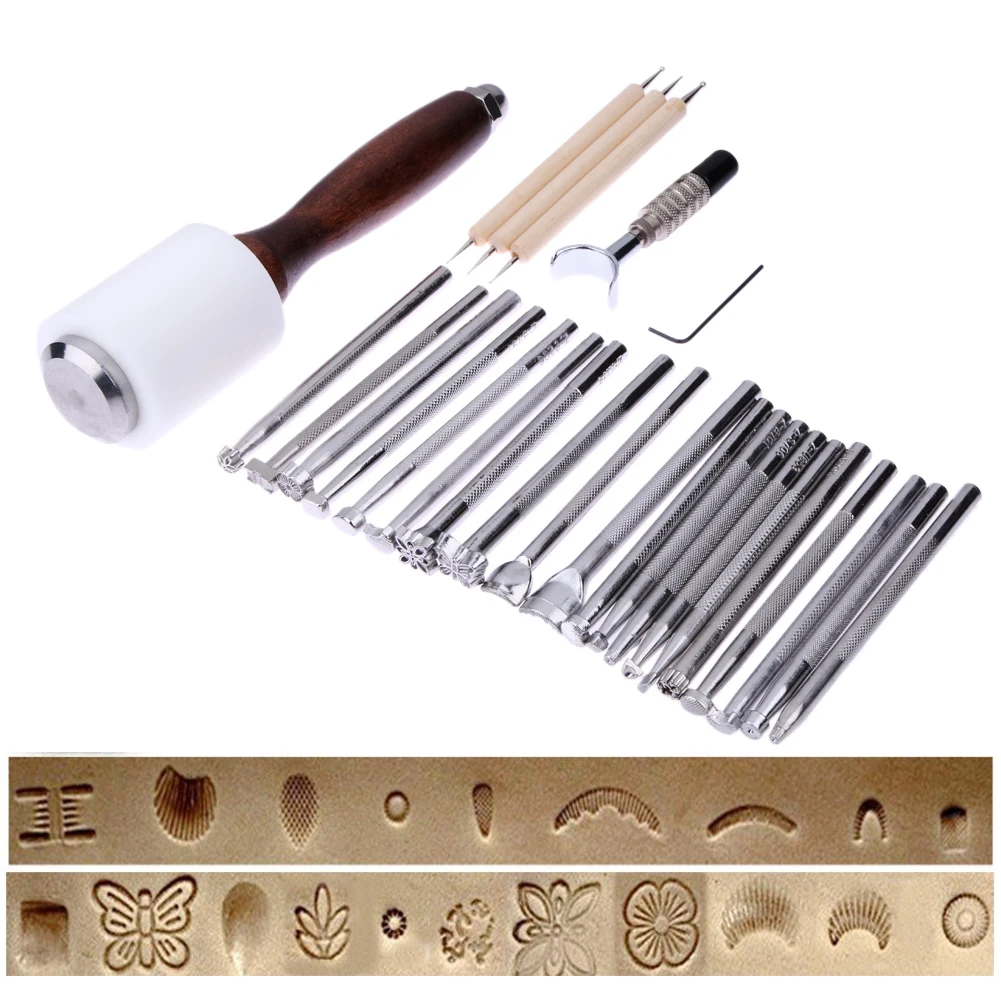 

25PCS/Set Stainless Steel Carving Stamp Hammer Set DIY Leathercraft Embossing Beveler Kit Leather Craft Tools