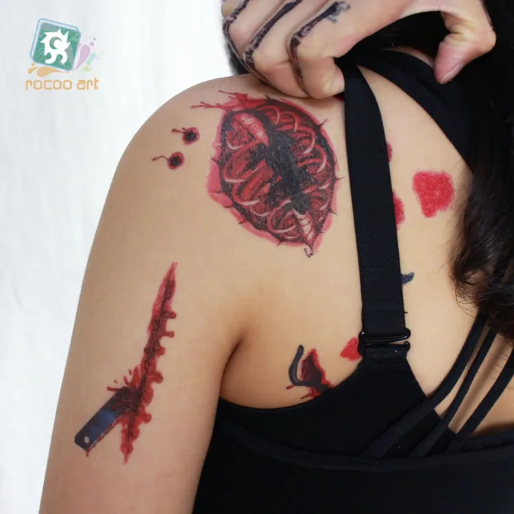 Хэллоуин татуировки, страшно переноса воды боди-арт татуировки, реалистичные рана; шрам кровь тела татуировки для детей Для женщин