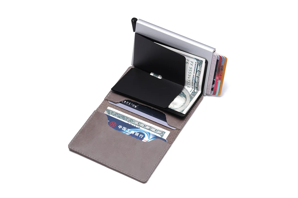RFID Блокировка мягкой натуральной кожи держатель кредитной карты Алюминий Бизнес ID Slim тонкий металлический корпус для карт мини кошелек для мужчин