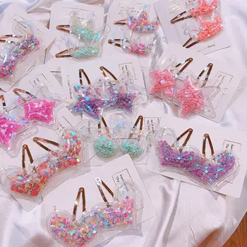 

2Pcs/Pair Baby Girl Glitter Rainbow Quicksand Sequin Hair Clip PVC Heart Star Clear BB Water Drop Hairpin Festival Snap Barrette