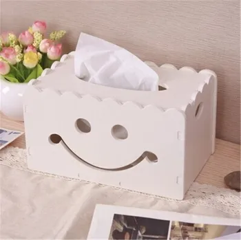 

DIY Wood Plastic Plate Sundries Storage Box Creative Handwork Hollow Smile Tissue Box Home Decor Craft Wood Storage Box