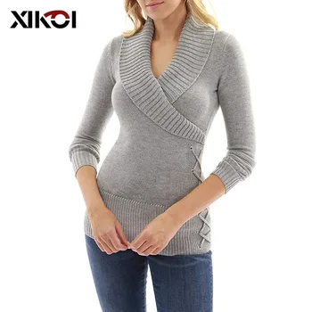 

XIKOI Winter Woman Sweater Pullovers Long Sleeve V-neck Sweater Tops Women Jumpers Slim Casual Straps Pullovers and Sweaters