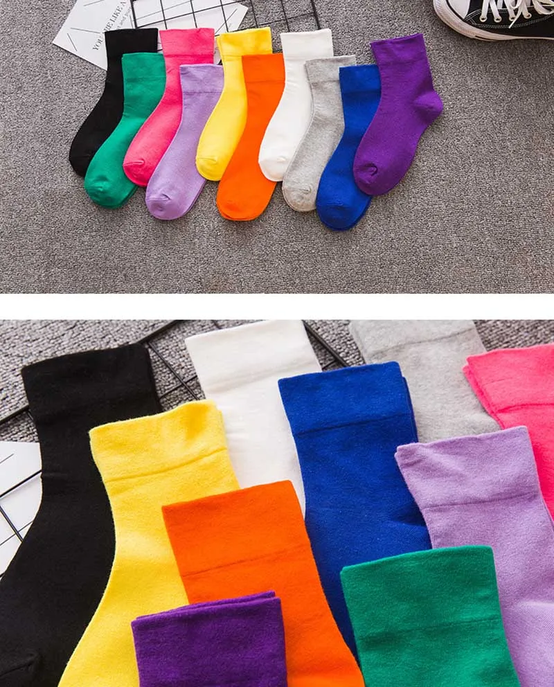 Корейский стиль, яркие хлопковые носки Skarpetki, женские милые короткие носки, желтые, синие, фиолетовые, зеленые, красные, черные носки для девочек, подарок